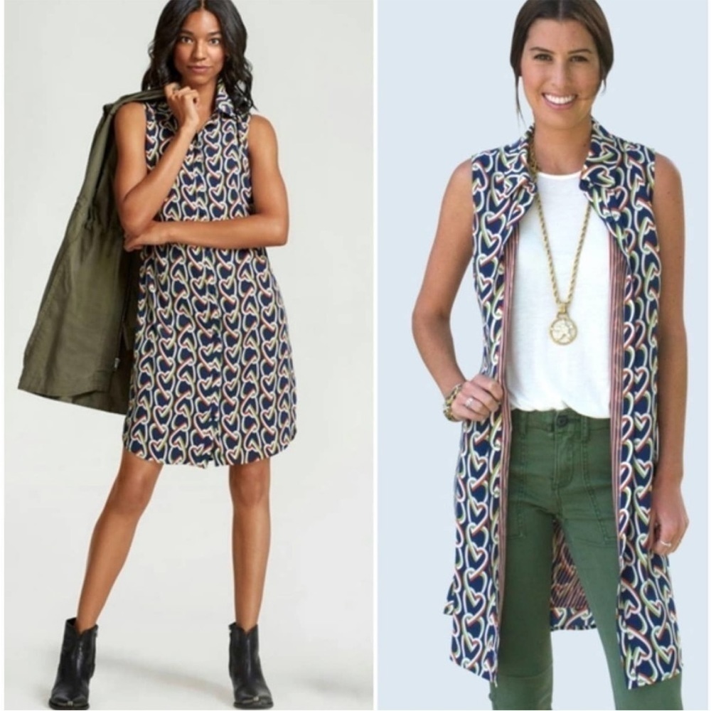 Cabi | Armour Blue Heart Chain Print Collared Sleeveless Shirtdress Style 5370